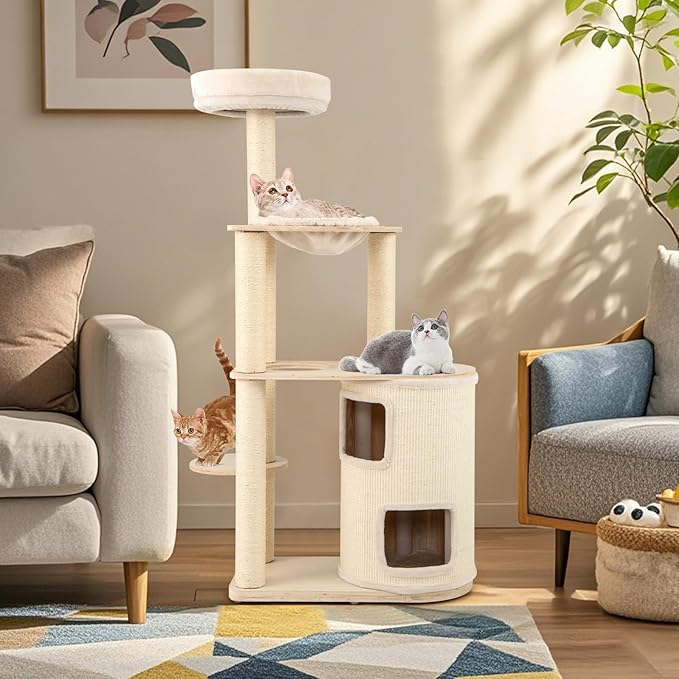 Tangkula Cat Tree Tower, 60 Inch Multi-Level Modern Wooden Cat Tower with 2-Story Condo, Sisal Scratching Posts & Mat, Perch, Hammock, Washable Plush Cushion for Indoor Cats Large Adult