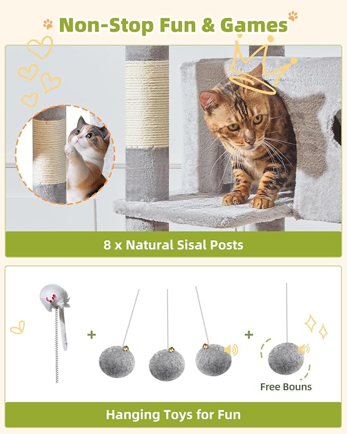 Taoqimiao Cat Tree Tower, 76-Inch Sturdy Cat Tree for Indoor Cats Large Adult Cat Tower with Scratching Posts，2 Condos, 2 Perches, 2 Large Hanging Baskets, Soft Hammock, MS046W Light Gray