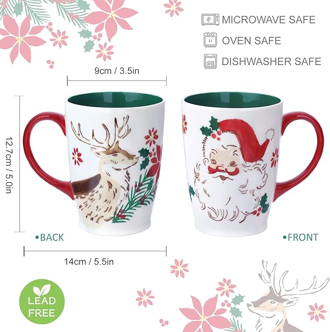 NymphFable Christmas Mug 20oz/600ml Large Ceramic Coffee Mug Santa Elk Cup with Handle 100% Hand Painted Christmas Gift