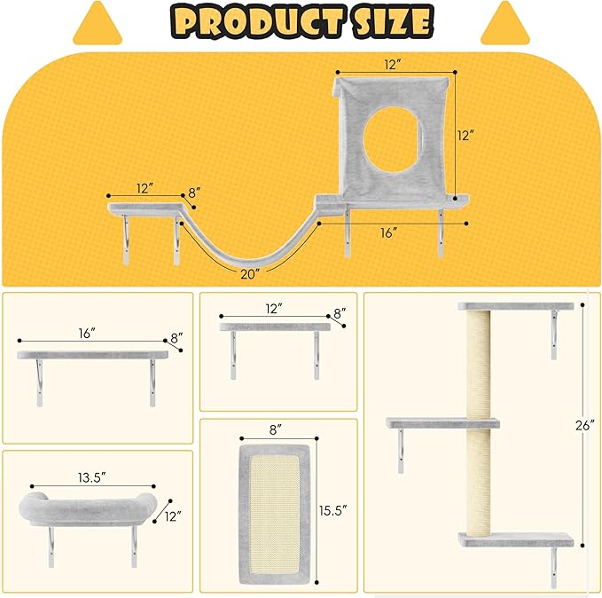 6-in-1 Cat Wall Shelves, Wall Mounted Cat Climber with Condo House, Scratching Post, Bridge Ladder, Space-Saving Indoor Play Furniture for Kittens, Grey