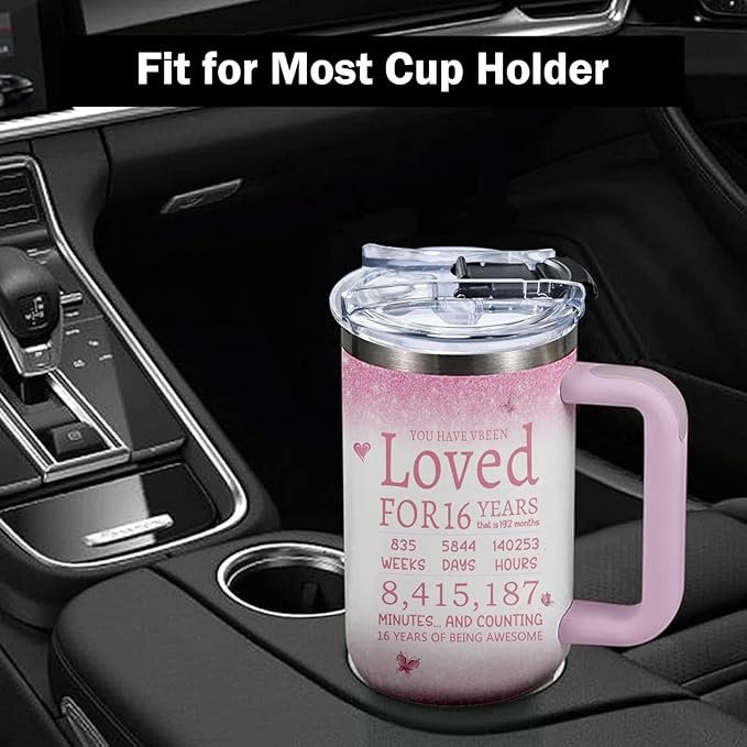 Gifts for 16 Year Old Girl - 16th Birthday Tumbler 40 oz with Straw, Pink Insulated Cup - Cool Birthday Present for Teen Girls, Daughter, Sweet 16 Gift