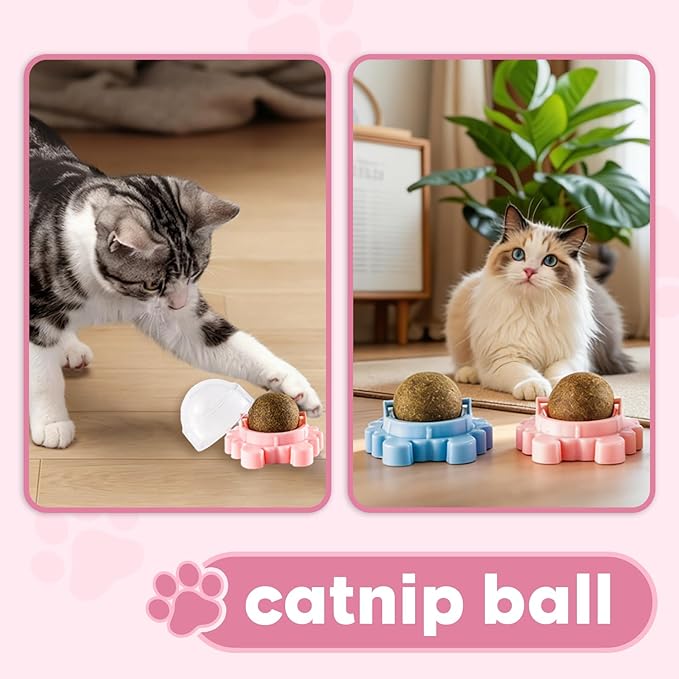 360° 4 Pack Catnip Ball for Cats Wall Mounted with Licking Roller and Spinning Motion - Interactive Treat Toy for Indoor Cats, Promotes Teeth Cleaning, Anxiety Relief and Active Play