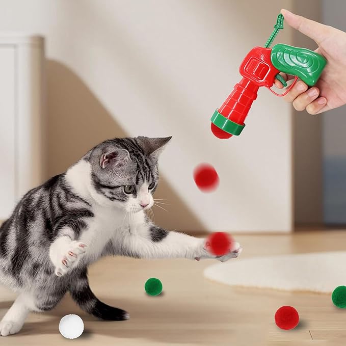 Andiker Cat Toy Balls Set, 30pcs Plush Cat Pom Pom Balls and a Plastic Launcher Set for Kitten Catch&Fetch Interactive Cat Toy with Colorful and Soft Cat Ball for Indoor Cats to Keep Fit (Green 30pcs)