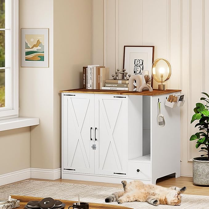 YUSING Large/Tall Cat Litter Enclosure, Litter Box Furniture Hidden, Cat Litter Box Enclosure Cabinet Large with Double Doors and Pull-Out Drawer for Self-Cleaning Litter Boxes