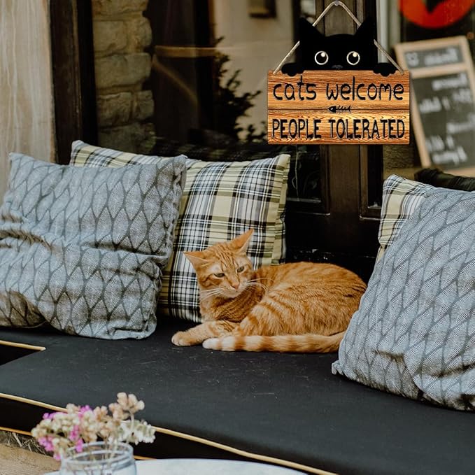 Funny Cat Signs Black Cat Welcome Sign Cat Home Decor Gifts For Cat Lovers Cat Gift For Women Cat Wall Art Halloween Black Cat Wooden Hanging Decor Door Sign Cats Welcome People Tolerated Sign