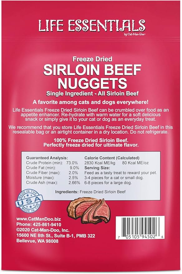 Life Essentials by Cat-Man-Doo Freeze Dried Dog Treats, All Natural Sirloin Beef Nuggets, Healthy Dog Training Treats, Single Ingredient Beef, 3 oz