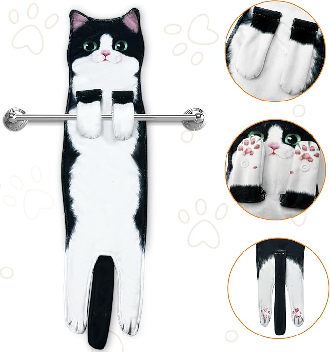 PAT JUUMG Funny Cat Hand Towels for Bathroom Kitchen Decor Cat Towel, Cute Decorative Hanging Face Towels, Super Absorbent Soft, Housewarming Gift, Cat Lovers Gifts for Women (2 Pack-Towel-04)