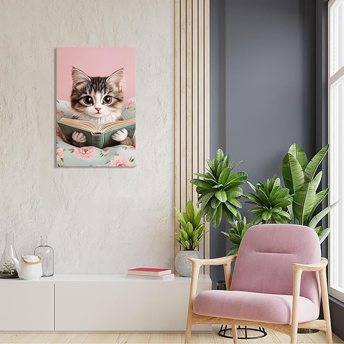 Trendy Cat Reading In Bed Canvas Wall Art Funny Pink Flower Animal Poster Funky Cat Lovers Monet Minimalist Prints Painting For Home Bedroom Kids Room Dorm Wall Decor 16x24in Framed