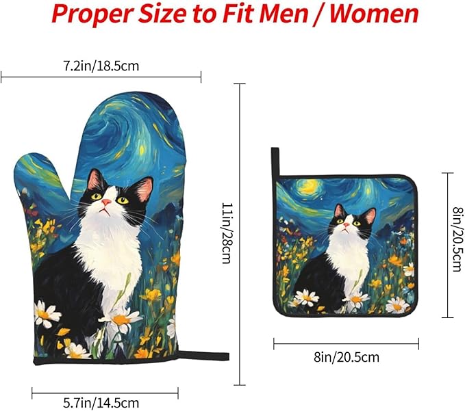 Funny Black Cat Oven Mitts and Hot Pads Set of 3, Abstract Cute Kitchen Mitts and Hot Pads for Baking Cooking Grilling BBQ, Kitchen Baking Gifts for Cat Lover Women Chef Baker