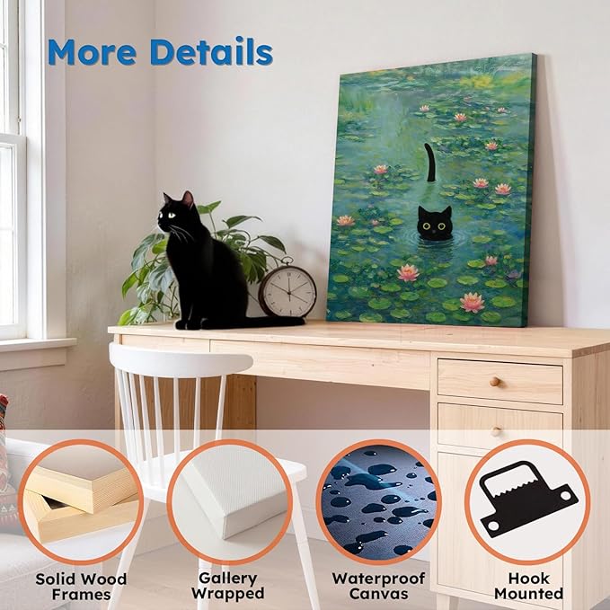 Funny Cat in Water Lilies Wall Art, Vintage Monet-Style Bathroom & Bedroom Decor, Ready to Hang Aesthetic Cat Gift for Dorm, Living Room, Wrapped Framed Canvas Print(16’’x20’’)