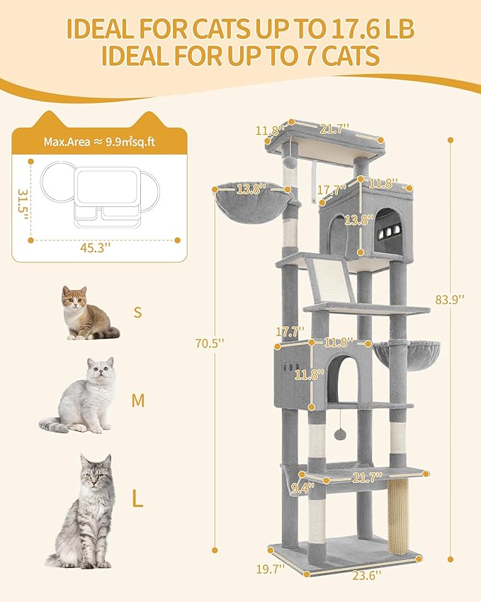 Hzuaneri Large Sturdy Cat Tree Tower, 84 Inch Tall Pet Condo For 7 Large Cats, Cat Tree Indoor Climbing Activity Tower, 2 Large Platform/2 Cave/2 Hanging Basket/5 Scratching Post, Light Grey MS21318LG