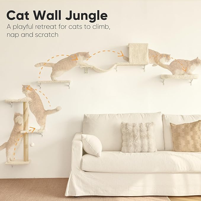 FUKUMARU Cat Wall Shelves, Stable & Safe 4 in 1 Cat Walls Furniture Set, Wooden Kitten Climbing Wall with Scratching Post for 16 Inch Drywall - Beige
