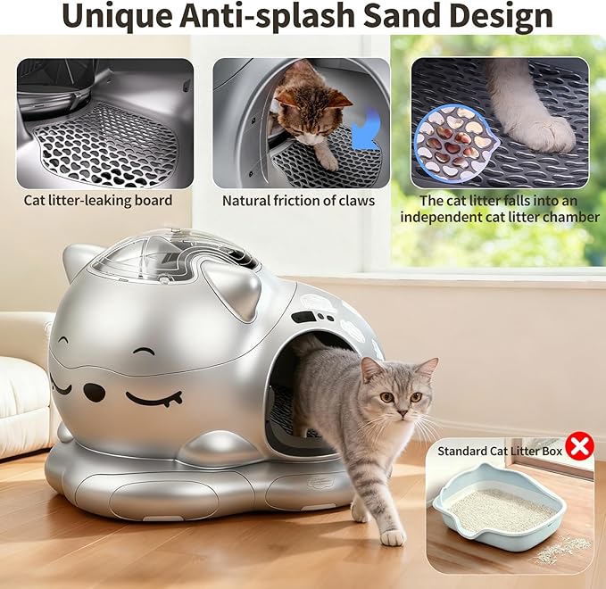 Automatic Cat Litter Box for Multiple Cats, Large Capacity Detachable Top Self-Cleaning Litter Box with App Control & AI Monitoring, Odor Control, Safety Sensors (Silvery)