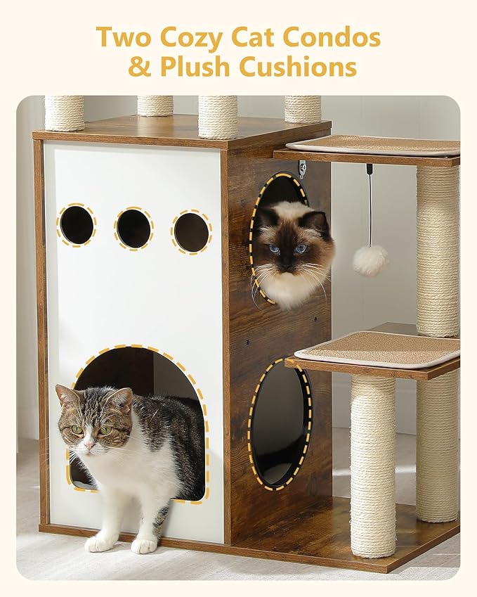 MUTTROS 42.5" Modern Wooden Cat Tree with 2-Story Condo, Scratching Posts, Capsule Nest & Dangling Balls - Sky City Design Indoor Furniture for Cats, Rustic Brown