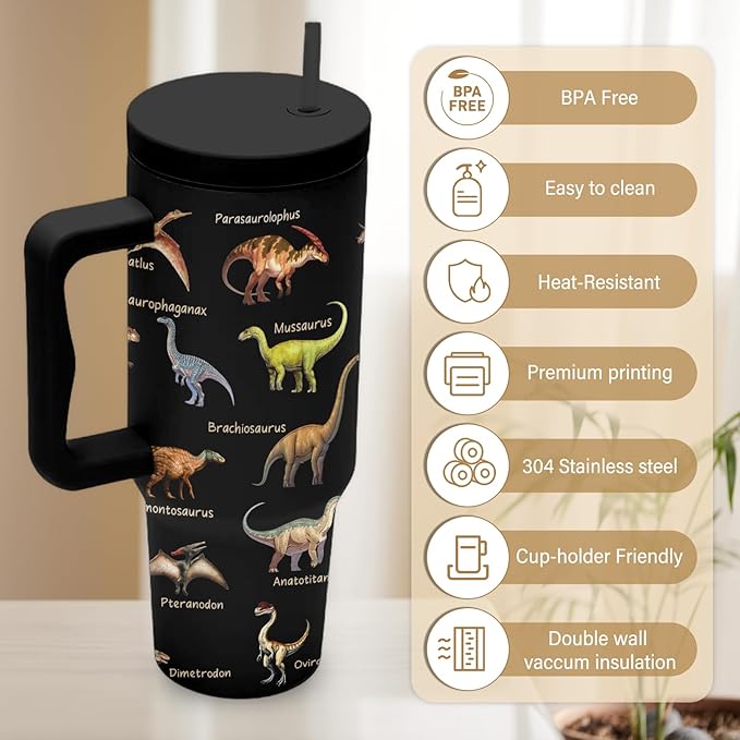 Dinosaurs Tumbler 40 Oz, Dinosaur Gifts For Women, Cute Dinosaurs Tumbler With Handle, Birthday Gifts For Dinosaur Lovers, Travel Insulated Tumblers Cup
