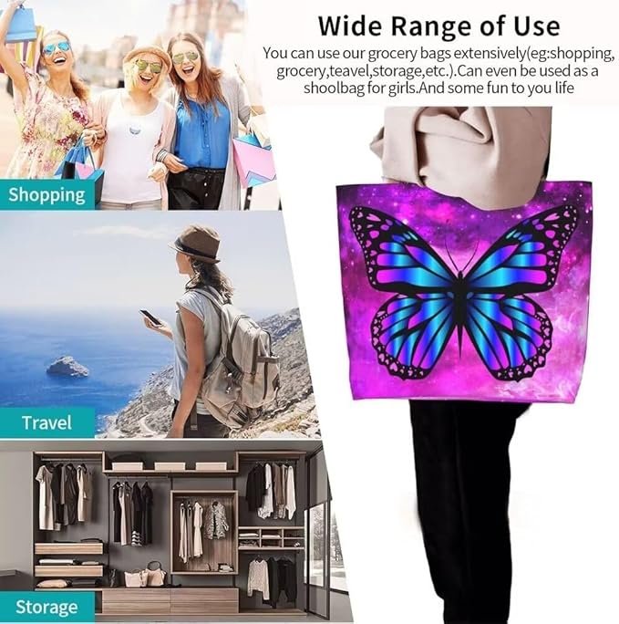 Purple Butterfly Gym Tote Bags for Women,Cute Butterfly Purse Print Shoulder Reusable Shopping Handbags Casual Travel Work Daily Waterproof Summer Grocery Bag Holiday Gifts -Large
