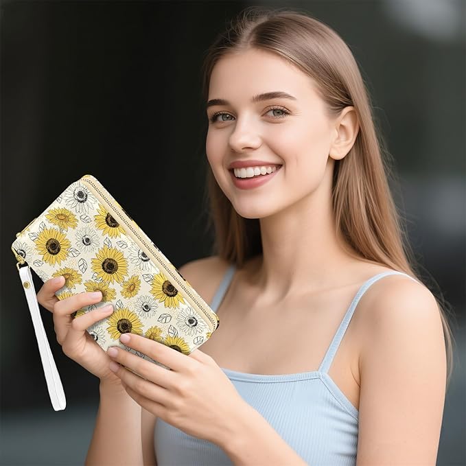 Womens Wallet, Sunflower Wristlet Wallet For Women, Vintage Floral Card Holder Purse, Birthday Christmas Graduation Gifts For Women, Vintage Sunflower Aesthetic Office Daily Purse