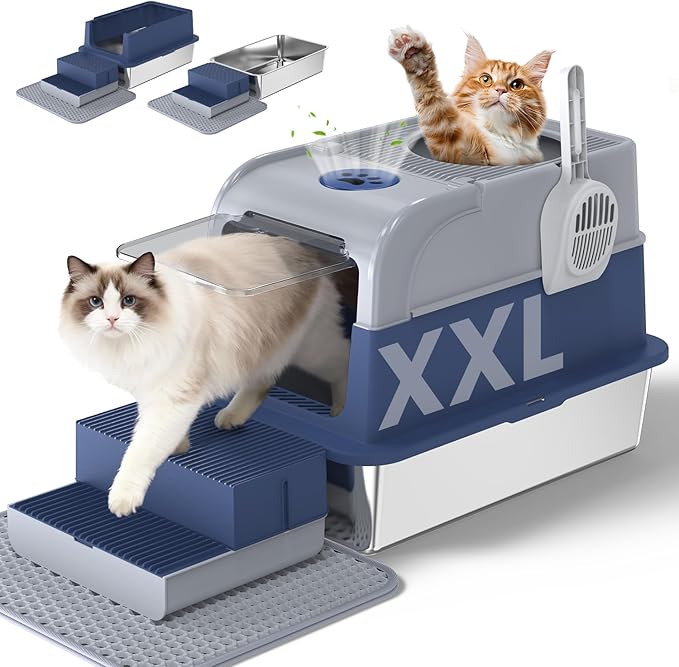 Stainless Steel Litter Box with Lid, Top Entry Extra Large Litter Box Enclosure for Kitty & Big Cats, Non-Stick Metal Cat Pan with Dual Storage Footboard, Trapping Mat & Scoop Included