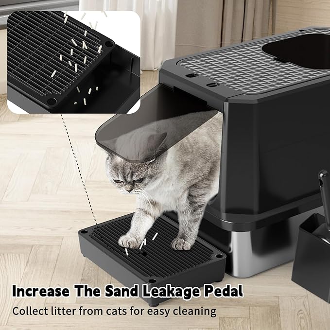 Enclosed Cat Litter Box: Large Stainless Steel Anti Leak Design - All Black - Controls Odor for Indoor Use