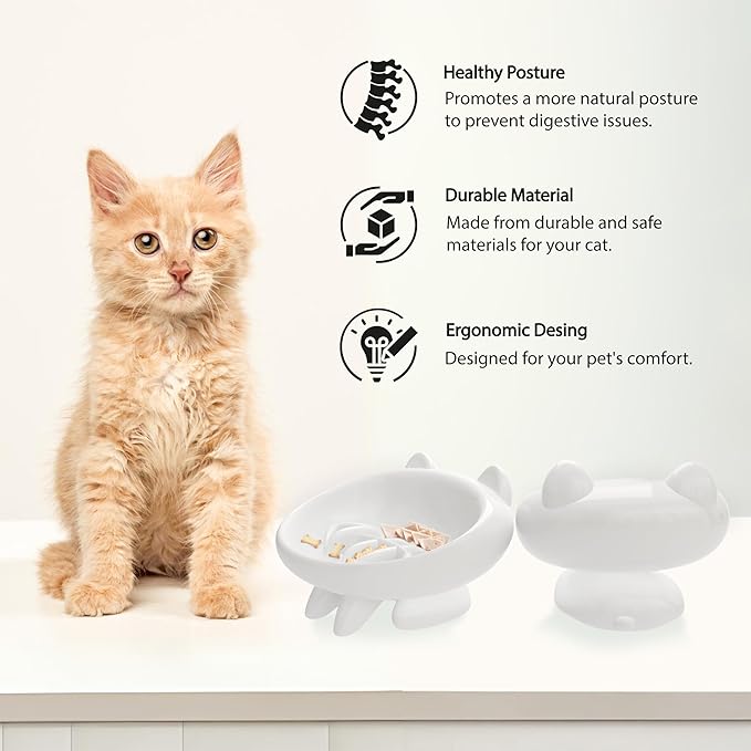 2 Pack Elevated Slow Feeder Cat Bowls – Whisker-Friendly Tilted Ceramic Bowls Anti Vomiting, Raised Feeding Station with Anti Slip Mat, Ideal for Senior Cats & Small Dogs
