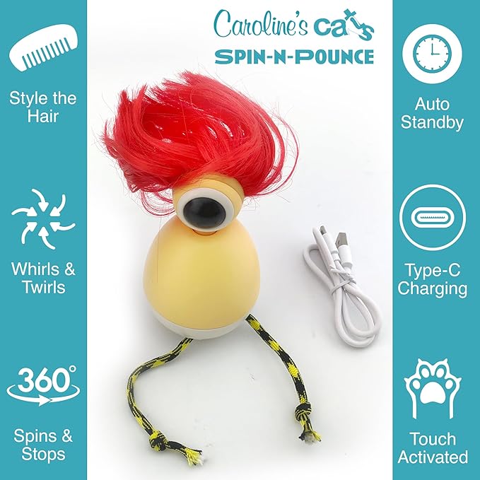 Caroline's Cats Automatic Cat Toy - Rechargeable Spin-N-Pounce with Touch Sensor, Silent Motor, 360-Degree Rotation, Interactive Kitten Toys for Indoor Cats, Encourages Self-Play and Exercise