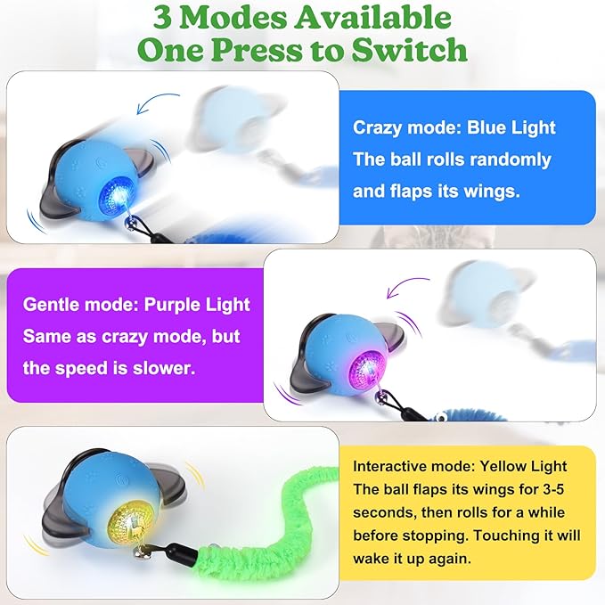 BABORUI Interactive Cat Toy Ball - Automatic Interactive Cat Toys for Indoor Cats with 2 Tails, 3 Speeds Rechargeable Cat Enrichment Toys for Small/Medium/Large Cats to Keep Them Busy