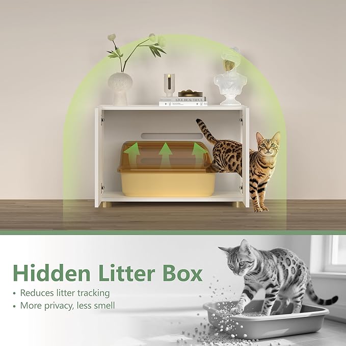 Cat Litter Box Enclosure Furniture, Modern Stackable Litter Box Cabinet with Cat Scratch Mat, Side Table (White)
