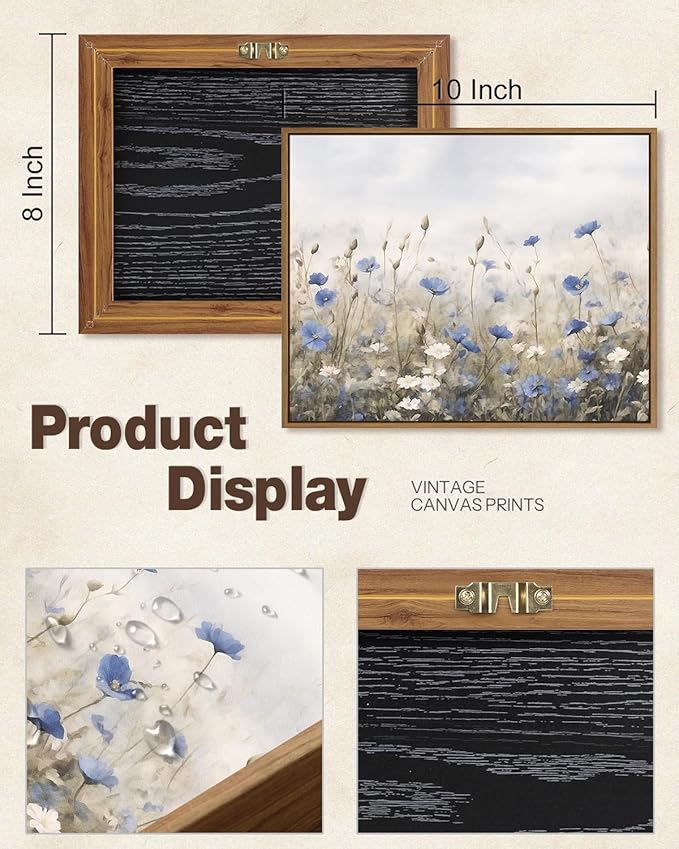 Vintage Floral Wall Art Blue White Flower Canvas Art Prints Wildflower Pictures Wall Decor Nature Landscape Oil Painting Framed Botanical Artwork for Girls Room Bedroom Farmhouse Decoration, 8x10 Inch