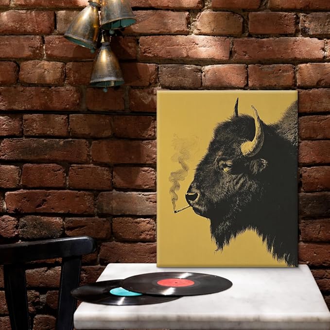 Whimsical Bison Wall Art Decor Vintage Black Bison Print Picture Retro Animal Wall Decor for Home Man Cave Living Room 8x10 Inch Canvas Framed