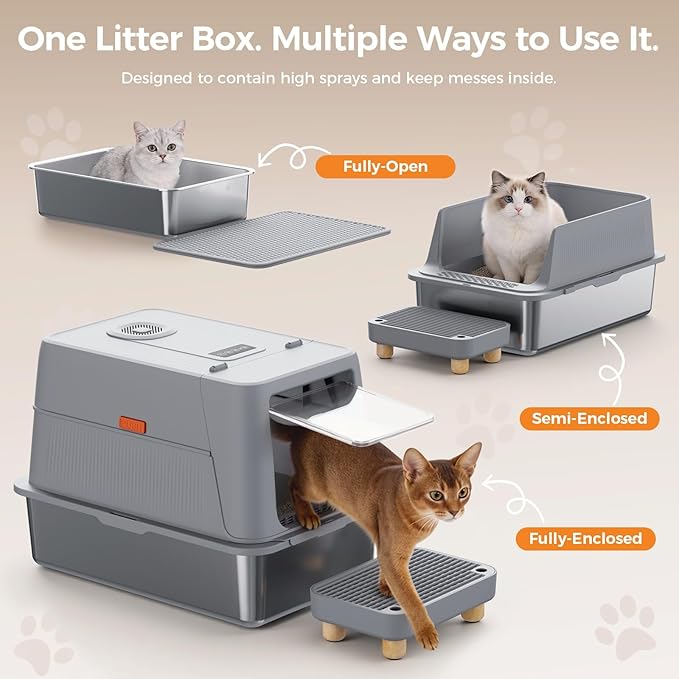 GTPLAYER XXL Stainless Steel Cat Litter Box with Lid, Smart Odor Control Enclosed Litter Box for Cats, Infrared Sensor Auto Pause, Non-Stick Anti-Leak High-Sided, with Mat, Scoop & Step, Curious Kitty