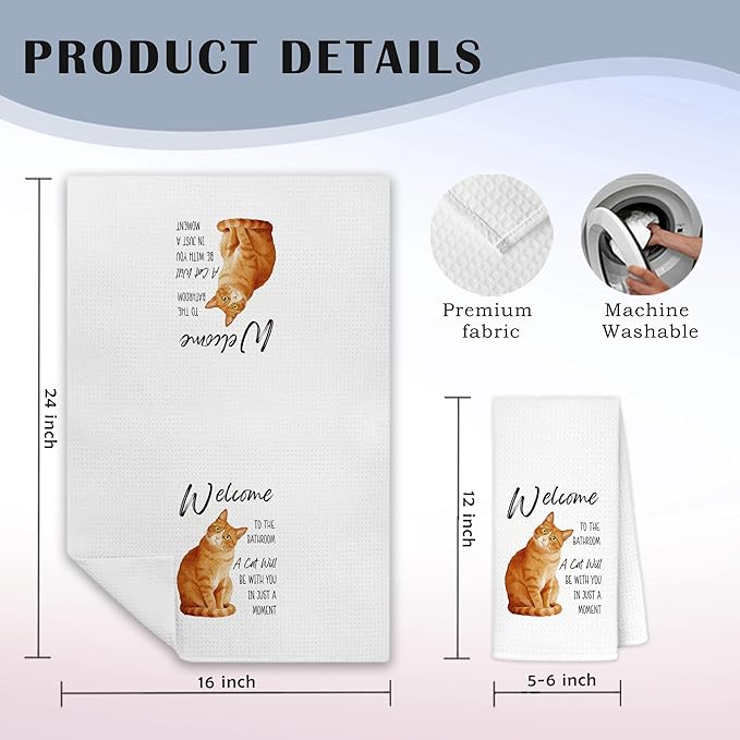 Funny Orange Tabby Cat Bathroom Hand Towels, Cat Lovers Mom Dad Lady Gifts, Welcome to The Bathroom Orange Kitten Decorative Hand Towels for Washroom Restroom, 16x24 Inch