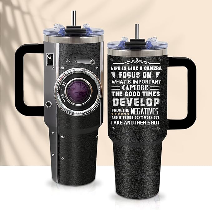 Photographer Gifts for Women Men Tumbler with Handle Straws 40oz Photography Lovers Camera Lens Coffee Cup Mugs, Cool Photographers Birthday Christmas Gift
