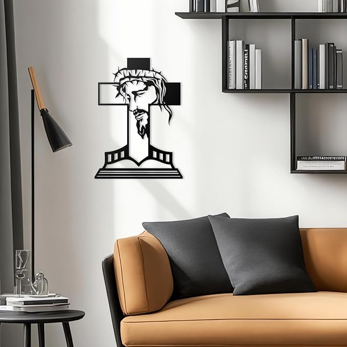 MDFUGEG Metal Cross Jesus Wall Decor-14.5x10.04in Black Religious Wall Art for Christian Catholic | Home Church Living Room Bedroom Decor, Baptism Mother's Day Religious Gifts
