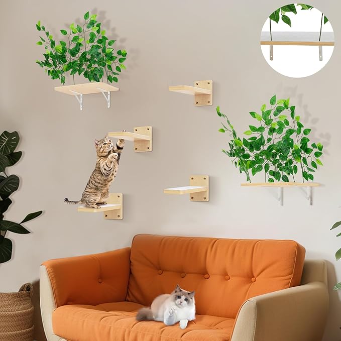 Gemscream 2 Pieces Cat Wall Shelves with 4 Steps Wall Mounted Cat Shelves and Perches Cat Furniture for Cats Kitten Kitty Indoor Living Room Climbing Scratching Playing and Relaxing Playground