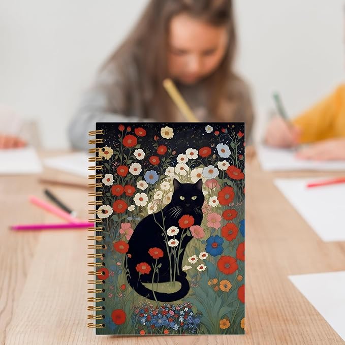 Black Cat Notebook, Moody Floral Botanical Cat Journal for Writing, Black Cat Lovers Gifts for Women, Cottagecore Aesthetic Spiral Notebook 5.5x8.3 Inch