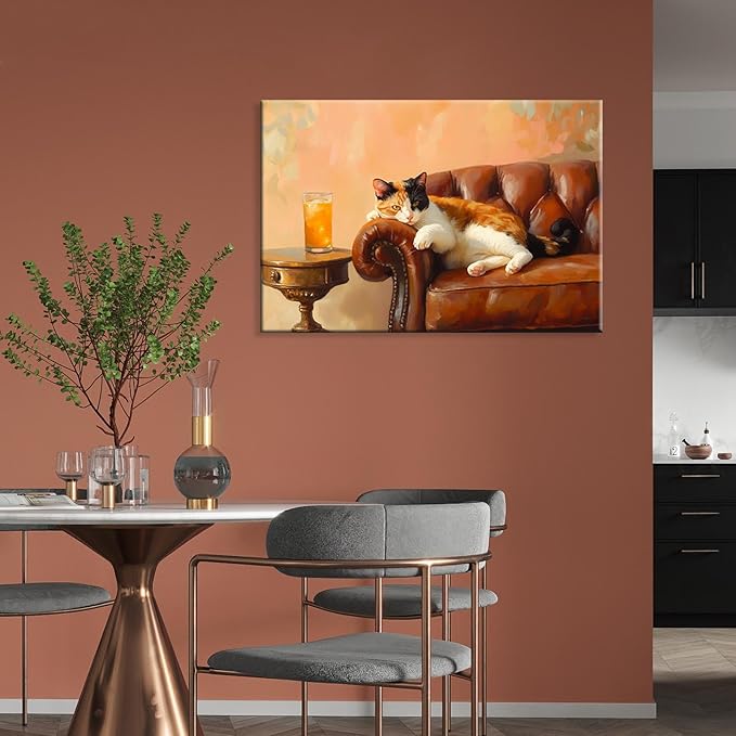 Calico Cat With Martini Art Wrapped Framed Print Poster Whimsical Pet Art Bar Cart Decor Cat Lover Gift Wall Art Room Decor Aesthetics Ready To Hang 12X18 inch