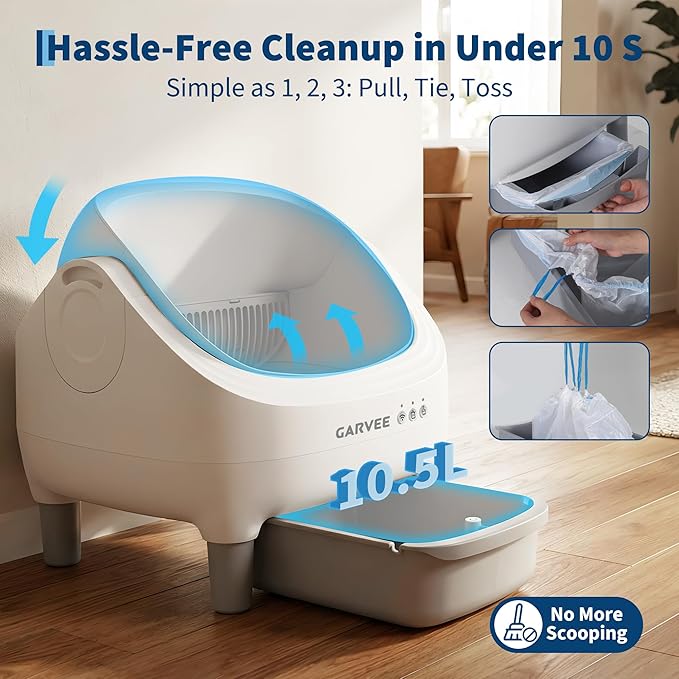 Self Cleaning Litter Box, Automatic Cat Litter Box with APP Control, Odor-Free Waste Disposal Includes Trash Bags, Large Waste Bin, Open-Top, for Large Cats & Multiple Cats