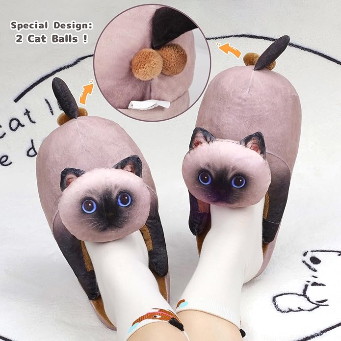 Funny Cat Slippers for Women,Fuzzy Animal Indoor House Shoes with Soft Memory Foam,Comfy Plush Warm Slip-on Slippers,Cat Gifts for Cat Lover