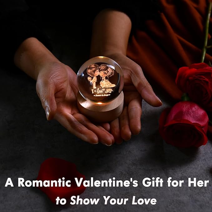 IFOLAINA 3D Couple Crystal Ball Valentine's Gifts for Her 2.36" Engraved Glass Couple Sphere Gifts with Colorful Lighted Base Decorative Glass Ball Romantic Anniversary Decor Wife Birthday Gifts