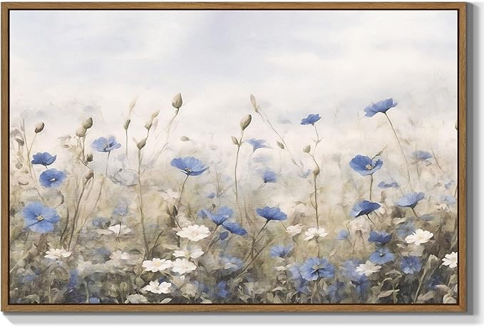Vintage Floral Wall Art Blue White Flower Canvas Art Prints Wildflower Pictures Wall Decor Nature Landscape Oil Painting Framed Botanical Artwork for Girls Room Bedroom Farmhouse Decoration, 16''x24''