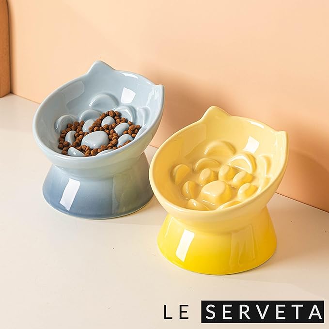 Macarons Series Ceramic Slow Feeder Cat Bowl, Raised Puzzle Feeder, Anti Vomiting Cat Slow Feeding, Elevated Food Bowl, Whisker Friendly Pet Bowl with Cute Ear Design (Gradient Blue)