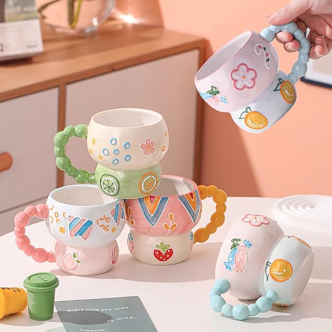 Ceramic Cartoon Coffee Mug,Aesthetic Hand-Painted Creative Ceramic Mug,Cute Mug, Aesthetic Coffee Mug, Ceramic Tea, 12oz/400ml for Tea Coffee, Milk and Oatm(Green-Lemon)