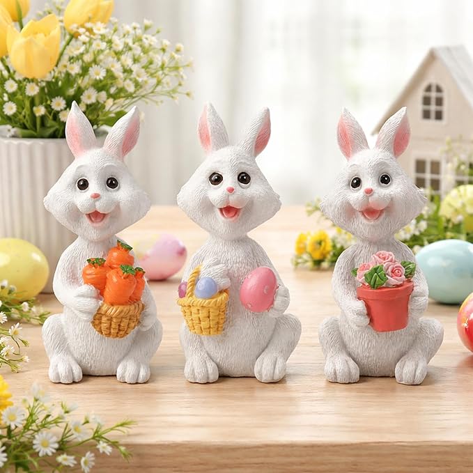 Bunny Decorations Bunny Figurines Spring Decor Set of 3 Small Rabbit Statues for Home Office Decor