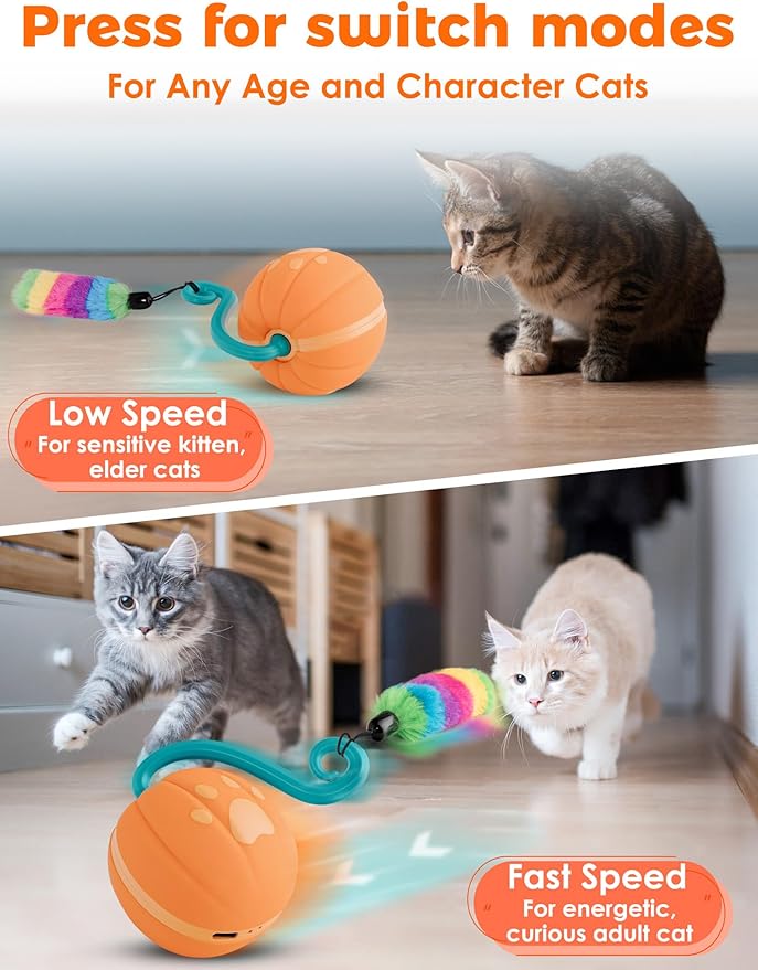 Interactive Cat Ball Toy for Bored Indoor Kitten, Automatic Moving Cat Ball with 4 Feather & LED Flash Lights, Smart Sound and Touch Control, USB-C Rechargeable