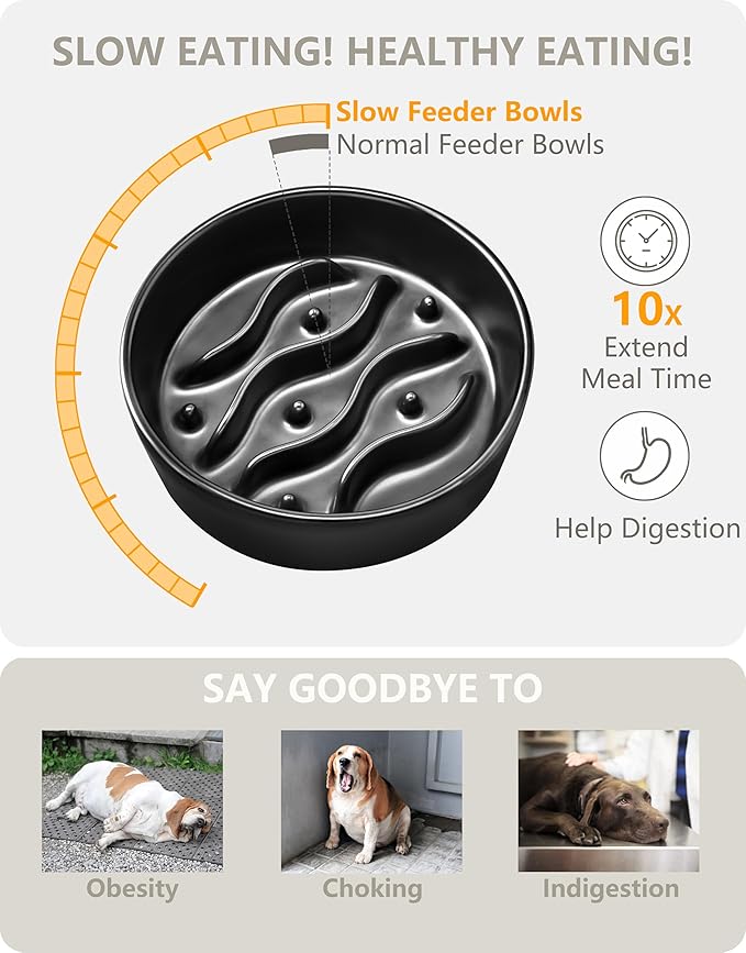 Ceramic Slow Feeder Dog Bowls for Small Dogs, 0.6 Cup Dog Slow Feeder for Fast Eater, Puzzle Maze Bowl, 14oz, 6in, Black