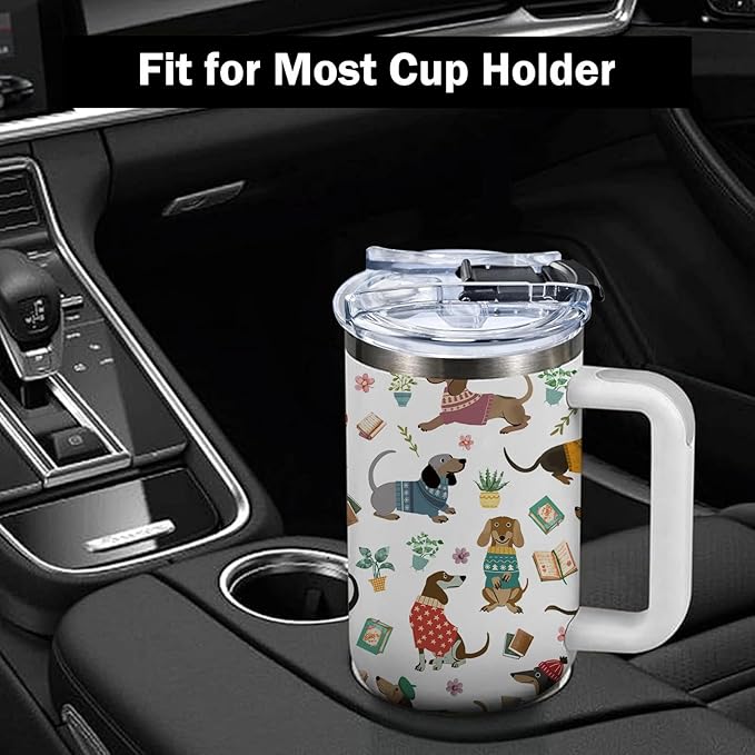 40oz Dachshund Tumbler with Handle and Straws, Leak-proof, Stainless Steel Insulated Travel Coffee Mug for Dachshund Lovers, Wiener Dog Enthusiasts Gifts for Women Men, Dachshunds Mom Dad Birthday Cup