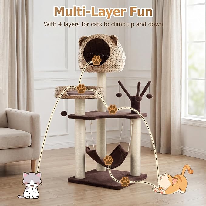 Tangkula Modern Cat Tree Tower, Multi-Level Tall Activity Center with Natural Sisal Scratching Posts, Hammock, Hand-Made Cattail Cute Condo with Funny Toy Balls (Brown)
