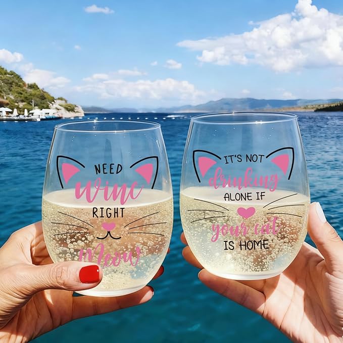 Funny Cat Lover Wine Glasses Gift for Him,Her, Women, Men, Wife, Sister, Bff, Friends, It's Not Drinking Alone, Engagement or Bridal Shower Gift for Cats Lovers, Set of 2 Stemless Wine Glasses -29
