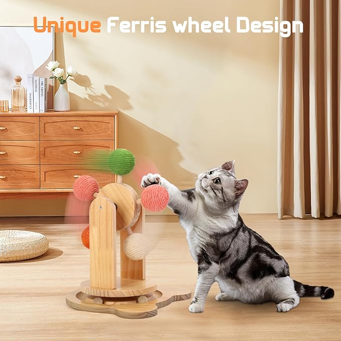 Cat Toy Ball Track,2-in-1 Interactive Cat Toy for Indoor Cats,Natural Sisal Ball with Solid Wooden Base,Spinning Ball Cats Scratcher Toy