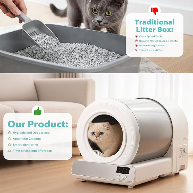 Stainless Steel Self-Cleaning Cat Litter Box, Smart APP Control Automatic Litter Box with Safety Sensors, Odor Control, Low-Entry, Large Capacity Design for Multiple Cats (White)